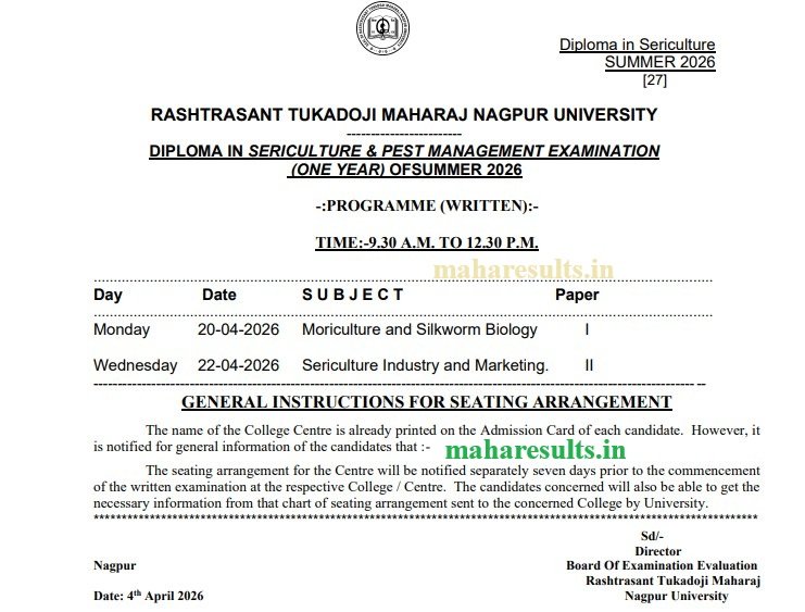RTMNU Diploma in Sericulture Examination Schedule 2026