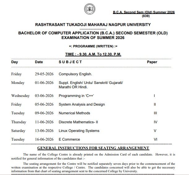 BCA 2nd Semester Old Course Time Table