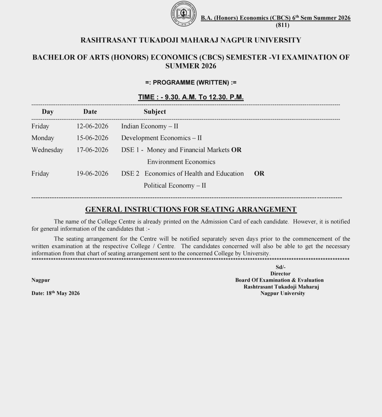 RTMNU BA Economics Honors 6th Sem Time Table Summer 2026