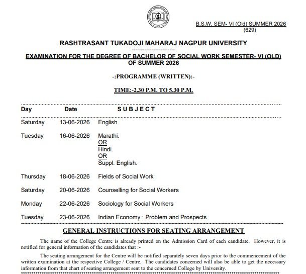 RTMNU BSW Sem 6 Time Table 2026